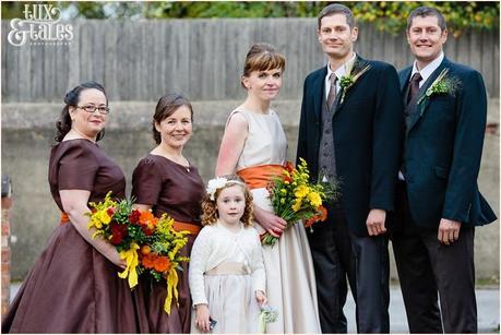 Autumn thtmed wedding bride and bridal party at Swanland Town Hall Yorkshire