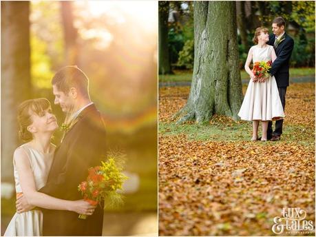 Bride and groom in Autumn leaves in Yorkshire swanland Hull