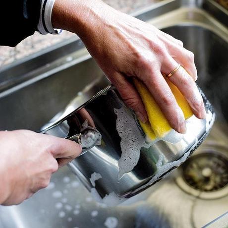 Clean a pan with soapy water