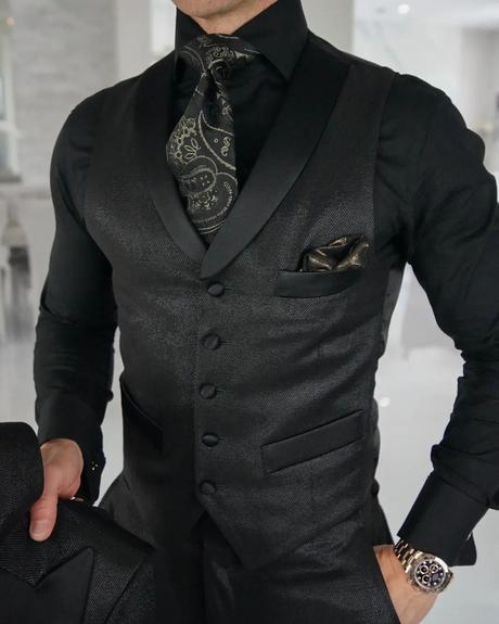 black themed wedding groom attire