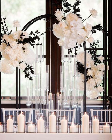 black and white wedding flowers arch