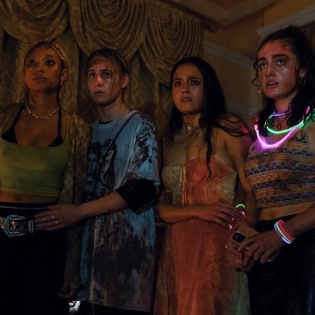 Image Stills from Bodies Bodies Bodies (2022) - from left to right: Amandla Stenberg, Maria Balakova, Chase Sui Wonders, and Rachel Sennott