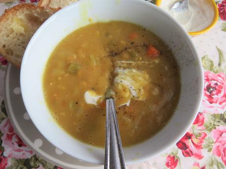 Slow Cooker Split Pea Soup with Horseradish Cream