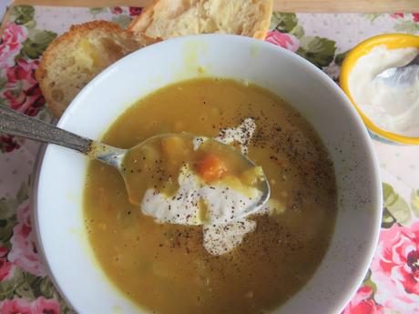 Slow Cooker Split Pea Soup with Horseradish Cream