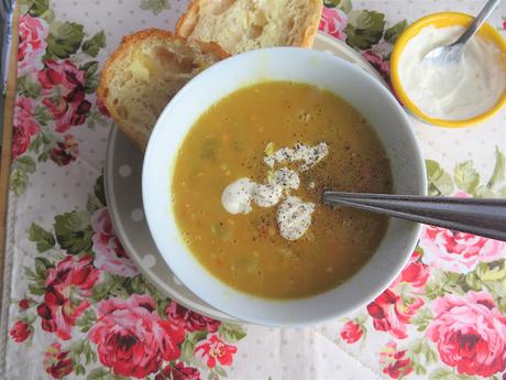 Slow Cooker Split Pea Soup with Horseradish Cream