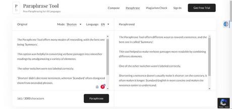 paraphrase tool in action