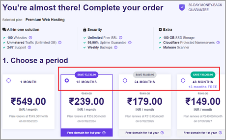 Web hosting plan period selection