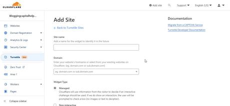 add site name domain name and click create on turnstile