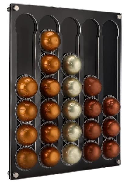 Image: Wall Mount Coffee Pod Holder for Nespresso Vertuo Capsules, Black Plastic Coffee Pod Storage