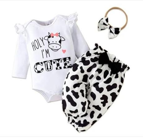 Image: PatPat 3pcs Holy Cow Long Sleeve Romper and Bowknot Trousers Set