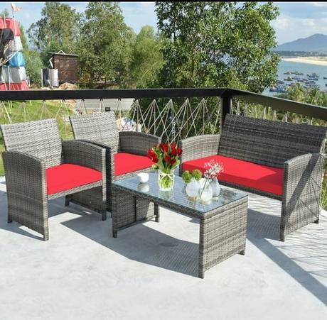 Image: Costway 4PCS Patio Rattan Conversation Glass Table Top Cushioned Sofa