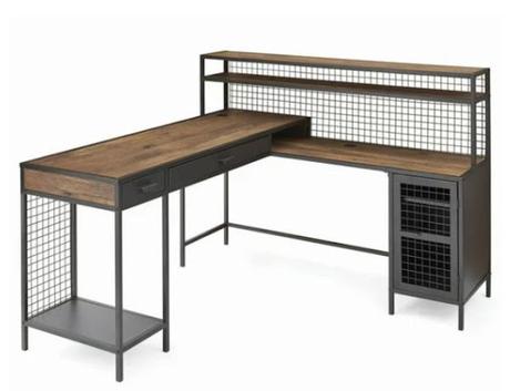 Image: Better Homes and Gardens Lindon Place L-Shaped Desk with Cage, Vintage Oak Finish