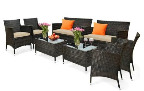Image: 8-Piece Patio Rattan Outdoor Furniture Set with Cushioned Chair Loveseat Table