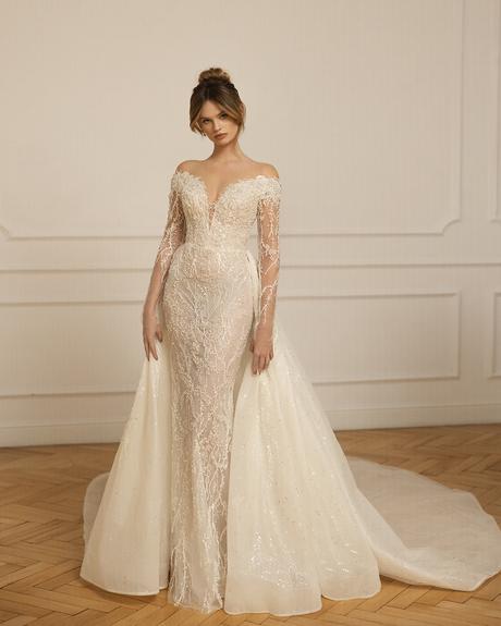 eva lendel wedding dresses 2023 lace off the shoulder sheath with overskirt danika