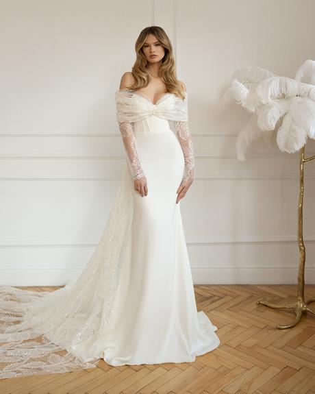 eva lendel wedding dresses 2023 with long sleeves off the shoulder train artemida