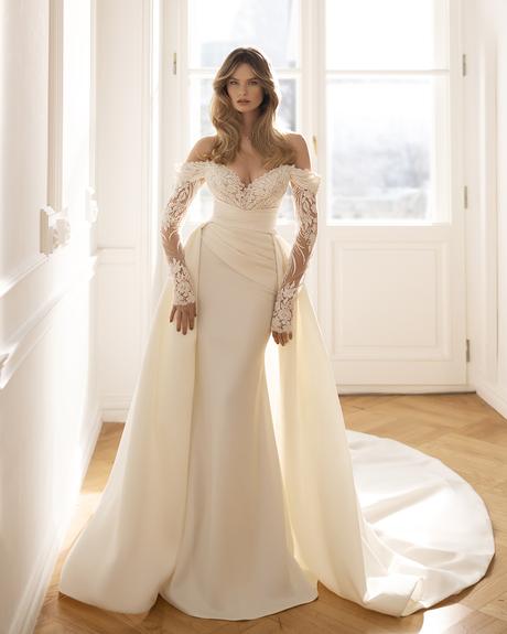 eva lendel wedding dresses 2023 with long sleeves off the shoulder with overskirt scandi