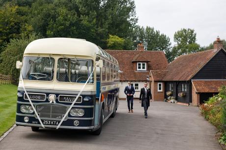 wedding bus outside the brides house
