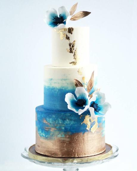 tropical wedding cakes three layers in blue and gold