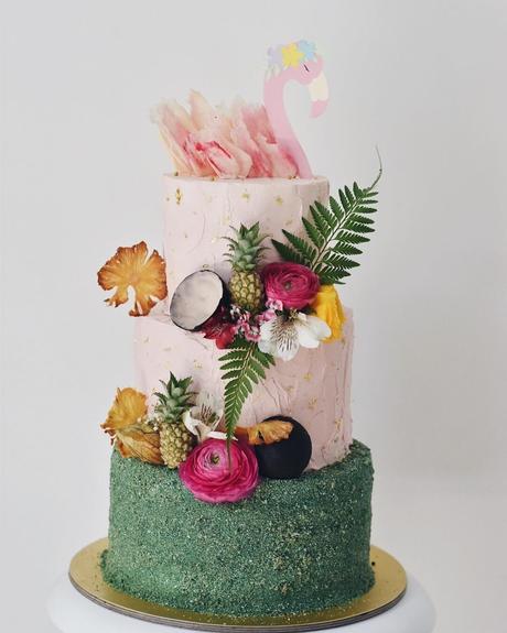 tropical wedding cakes three layers with flamingo topper