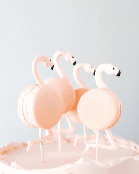 tropical wedding cakes flamingo topper with macarons