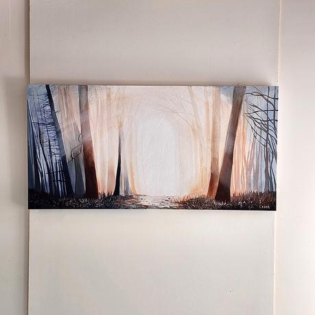 Paintings by Portland OR Artist Cedar Lee: The Path | Panorama Landscape Painting of Forest Fog | Peaceful Nature Art