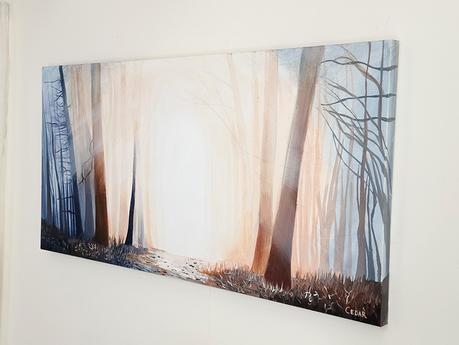 Paintings by Portland OR Artist Cedar Lee: The Path | Panorama Landscape Painting of Forest Fog | Peaceful Nature Art