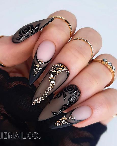 black and gold wedding nails transparent with rhinestones pixienailco