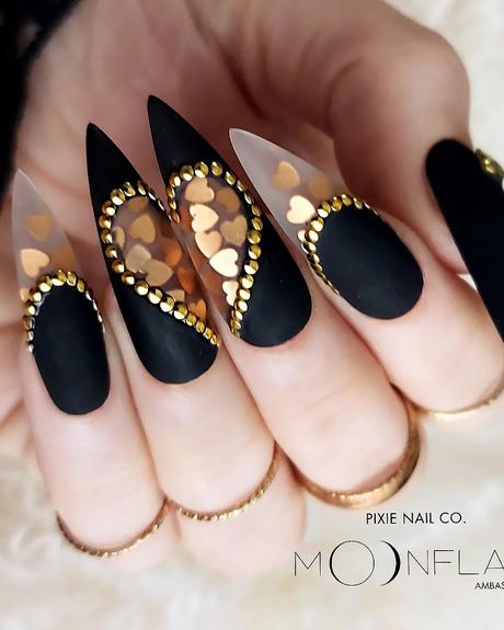 black and gold wedding nails long with hearts pixienailco
