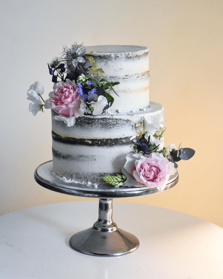 naked wedding cakes 2 tier with pink flowers