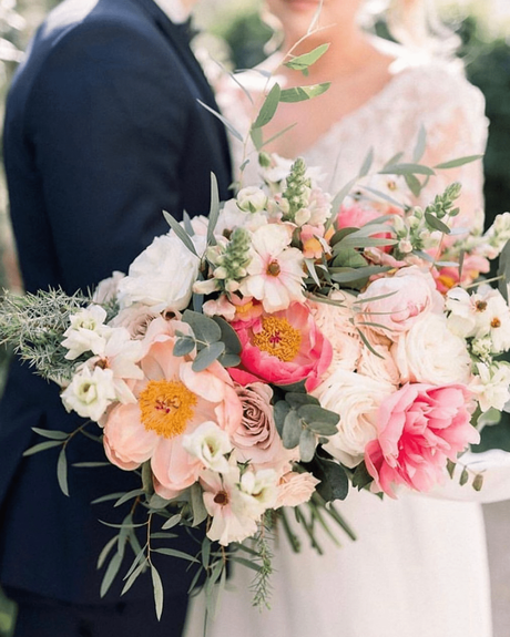 popular wedding flowers bouquet with rosy peonies