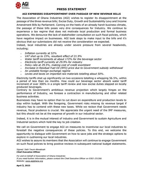 AGI disappointed over passage of 3 new revenue bills AGI disappointed over passage of 3 new revenue bills