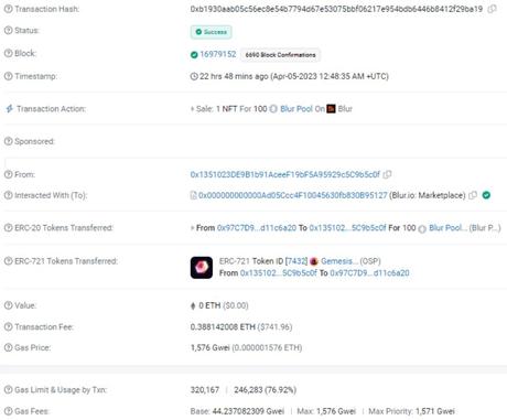 record of the transaction on an Ethereum blockchain explorer