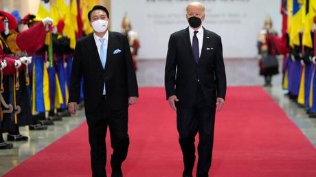 Pentagon leak shows S Korea torn on sending Ukraine weapons U.S. President Joe Biden and South Korean President Yoon Suk-yeol arrive at the National Museum of Korea for the state dinner, on May 21, 2022 in Seoul, South Korea.