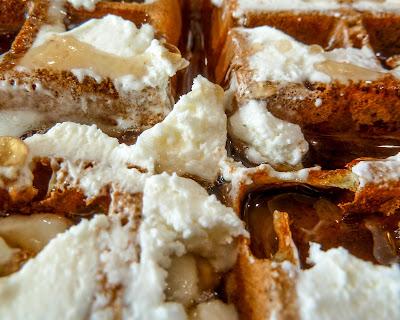 Coffee, bacon, waffle, condiments