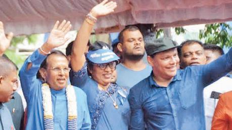 Former President Maithripala Sirisena, Chairman of the SLFP, with party leaders at the SLFP rally in Kandy yesterday. Picture by Ruwan Meegammana