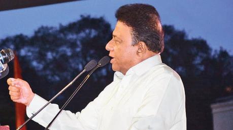 Nidahas Janatha Sabhawa Leader Dullas Alahapperuma speaking at his group’s May Day meeting in Kandy yesterday.