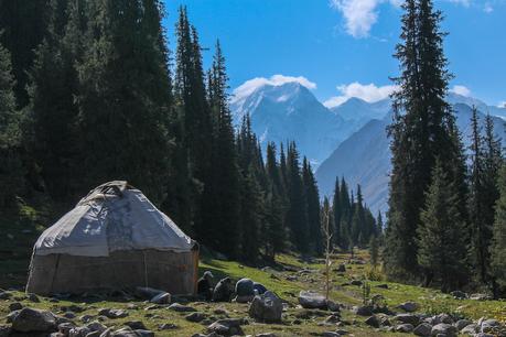 yurt-in-a-green-valley-with-snowy-mountain-peaks-behind-in-kyrgyzstan