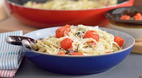 Spaghetti Carbonara with Oven Roasted Tomatoes