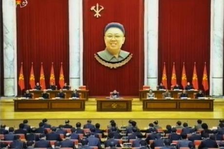 View of the platform (rostrum) of an 8 December 2013 expanded KWP Political Bureau meeting at which Jang Song Taek was removed from office (Photo: KCTV screen grab).