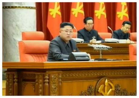Kim Jong Un attends an 8 December 2013 expanded meeting of the KWP Political Bureau.  Also seen in attendance are KWP Secretary and Director of Cadres Affairs Kim P'yo'ng-hae (2nd R) and Chief Secretary of the Pyongyang KWP Committee Mun Kyong Dok (R).  Mun was a protege of Jang Song Taek's (Photo: KCTV screen grab).