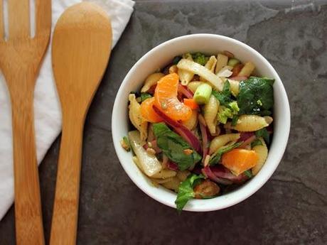 Spinach Mandarin Pasta Salad with 5-spice Honey Dressing, a Recovery Pasta Salad