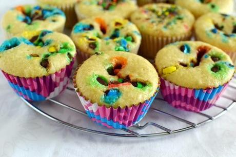 Confetti Candy (aka M&M) Cupcakes with Fudge Frosting (Eggless Recipe)