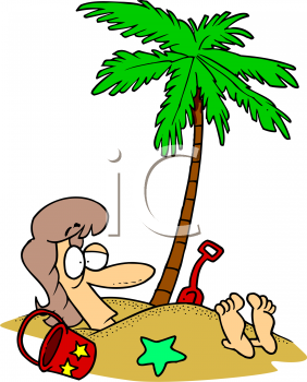 0511-1004-1915-3269_Summer_Cartoon_of_a_Woman_Buried_in_the_Sand_Under_a_Palm_Tree_clipart_image