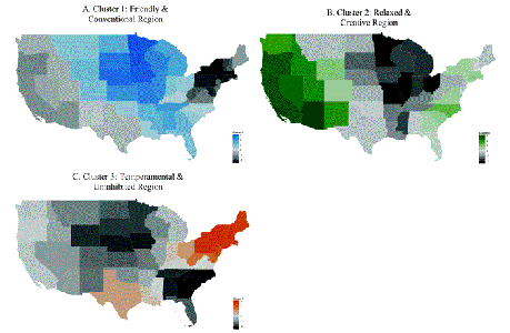 Three psychological regions of the U.S. - economic, health, social, political correlates