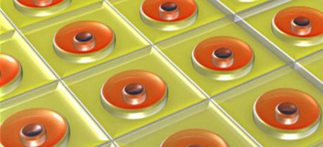 Internal structure of the active layer of the polymer solar cell: The orange areas represent the active domains, where light is absorbed and charge carriers are released.