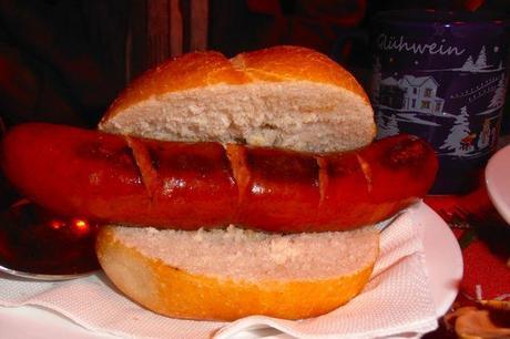 Wurst (sausage) and Glühwein (mulled wine), typical German treats at Christmas markets