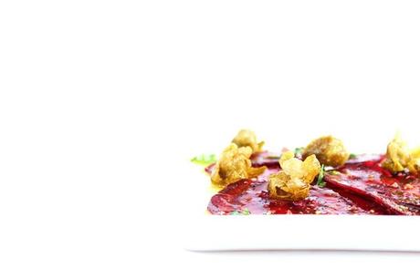 Beet carpaccio with deep fried capers & arugula #144