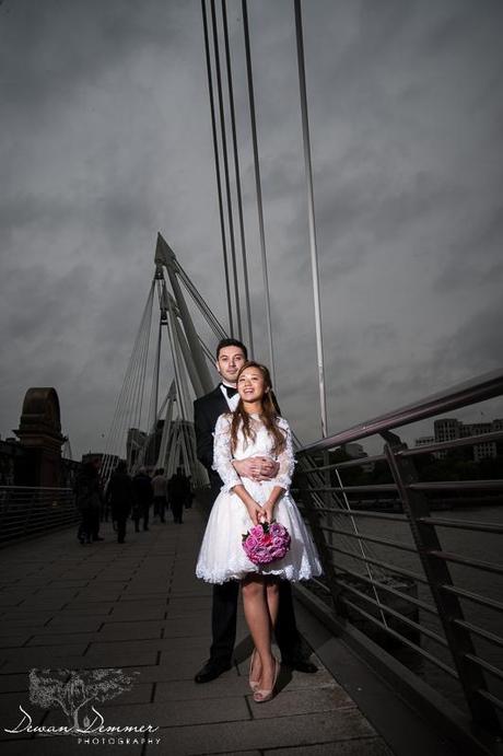 Bride and groom on Hungerford bridge