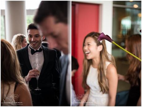 Bride and Groom laughing at restaurant