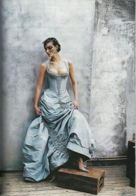 “Couture Clash” Shalom Harlow in Christian Lacroix Spring 1997 Haute Couture for  Vogue US April 1997